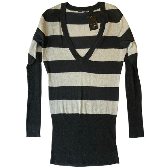 Mix It Women Blouse size S Long Sleeve Vneck Stretchy Glitter Stripes Black Gray - Picture 1 of 7